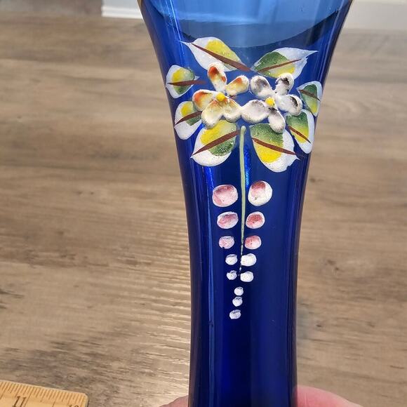 Vintage Hand painted Czech Bohemian Cobalt Blue Glass 7" Bud Vase Floral MCM - Picture 12 of 13